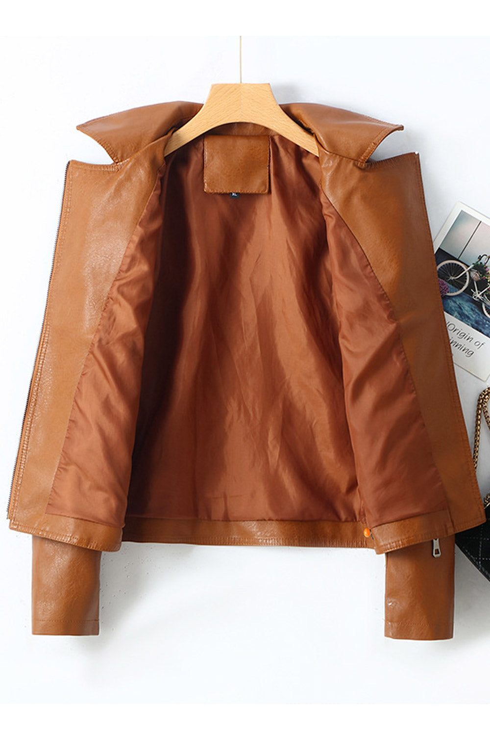 Women Professional Style Lapel Collar Long Sleeves Oblique Zipper & Side Zippered Pocket Short Slim Cozy Leather Jacket