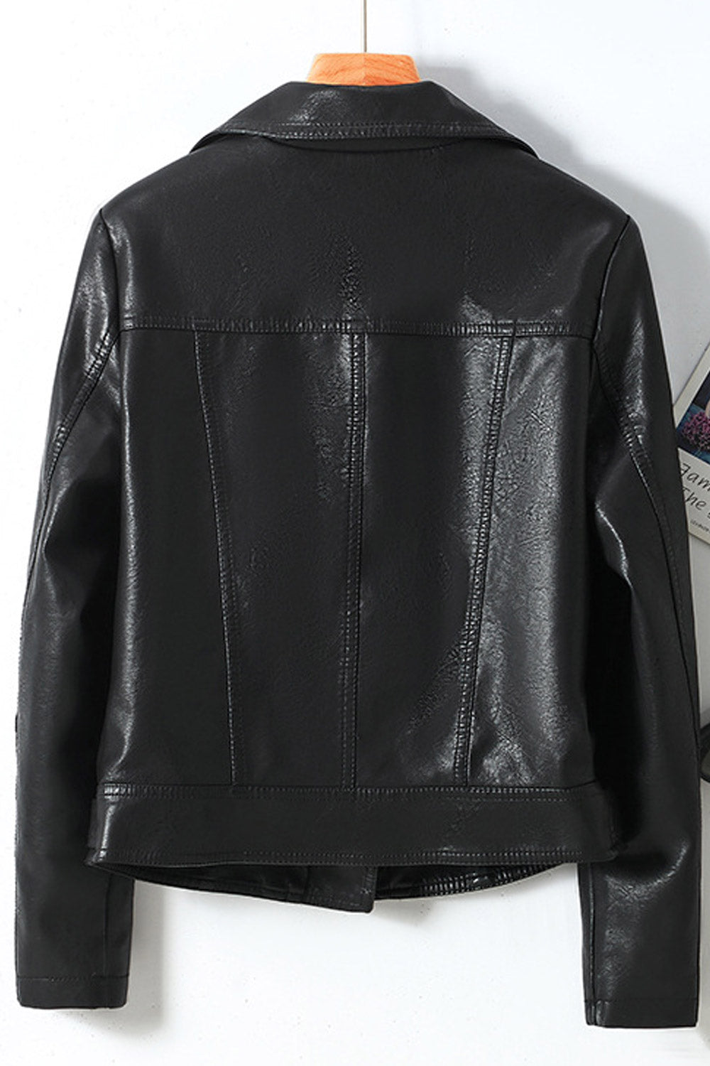 Women Professional Style Lapel Collar Long Sleeves Oblique Zipper & Side Zippered Pocket Short Slim Cozy Leather Jacket