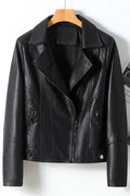 Women Professional Style Lapel Collar Long Sleeves Oblique Zipper & Side Zippered Pocket Short Slim Cozy Leather Jacket