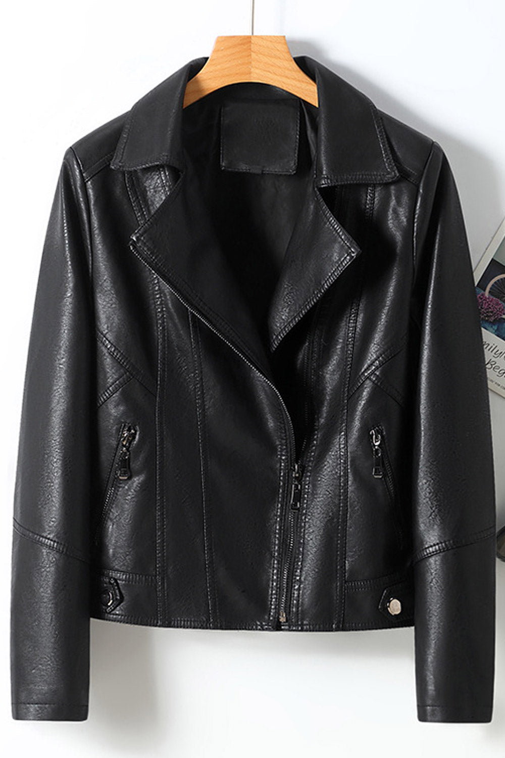 Women Professional Style Lapel Collar Long Sleeves Oblique Zipper & Side Zippered Pocket Short Slim Cozy Leather Jacket