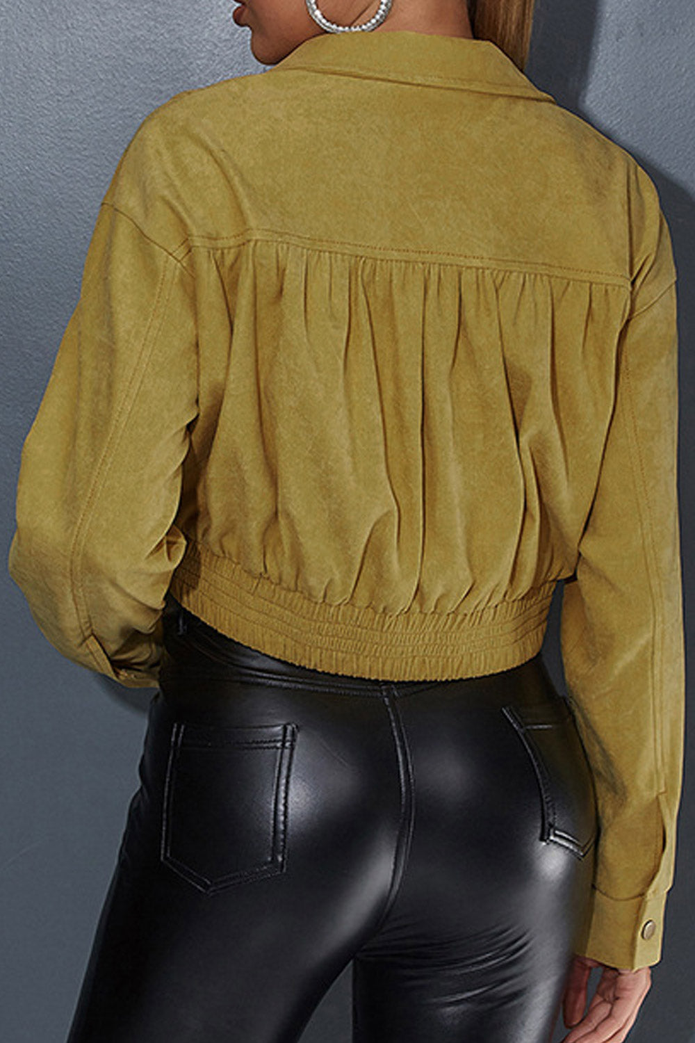 Women Stylish Lapel Collar Long Sleeves & Cuffs Stretchable Hem Double- Breasted Leather Jacket