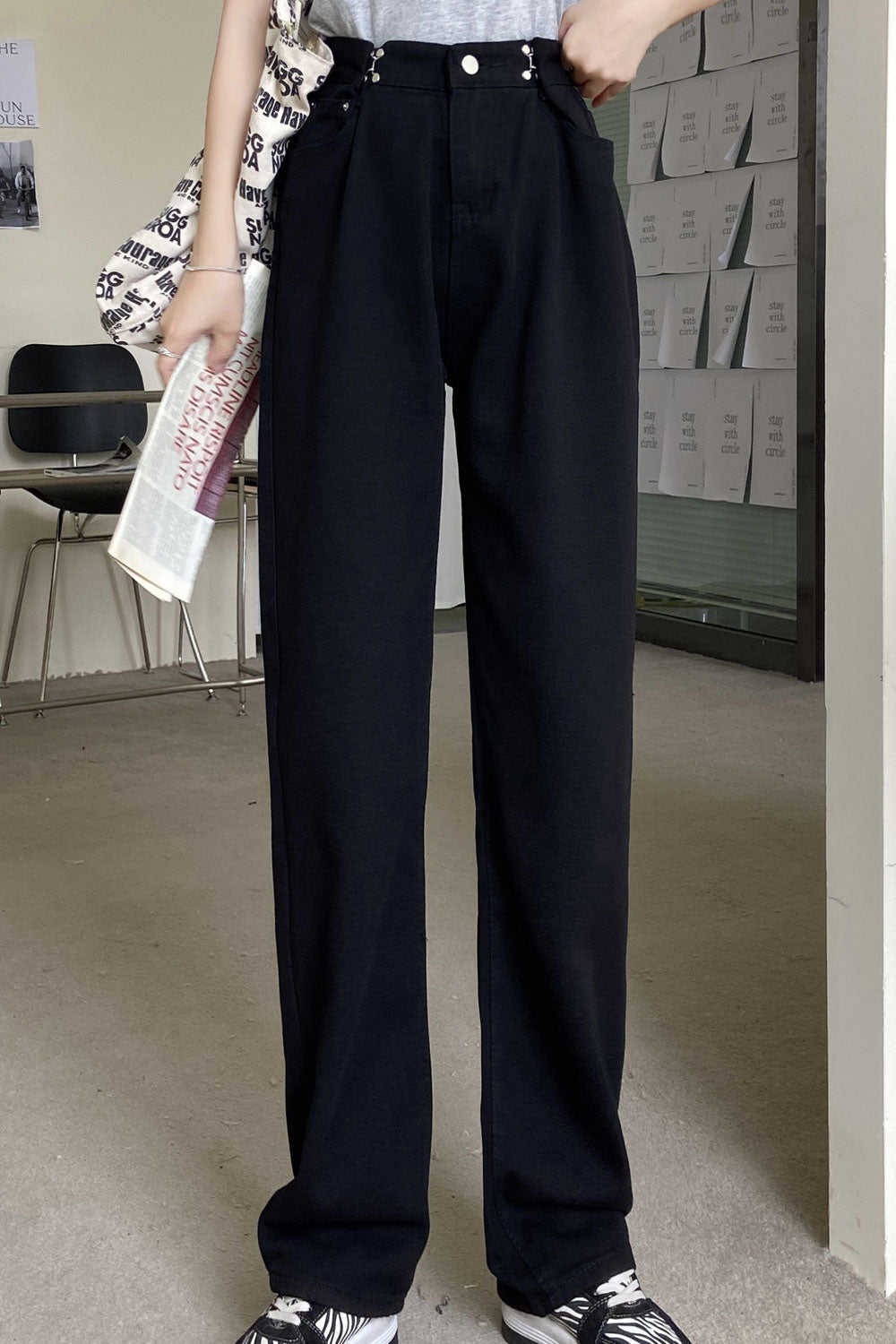 Women Comfortable Straight & Restful Wide-Legs Easy High-Waist Superb Solid Colored Jeans