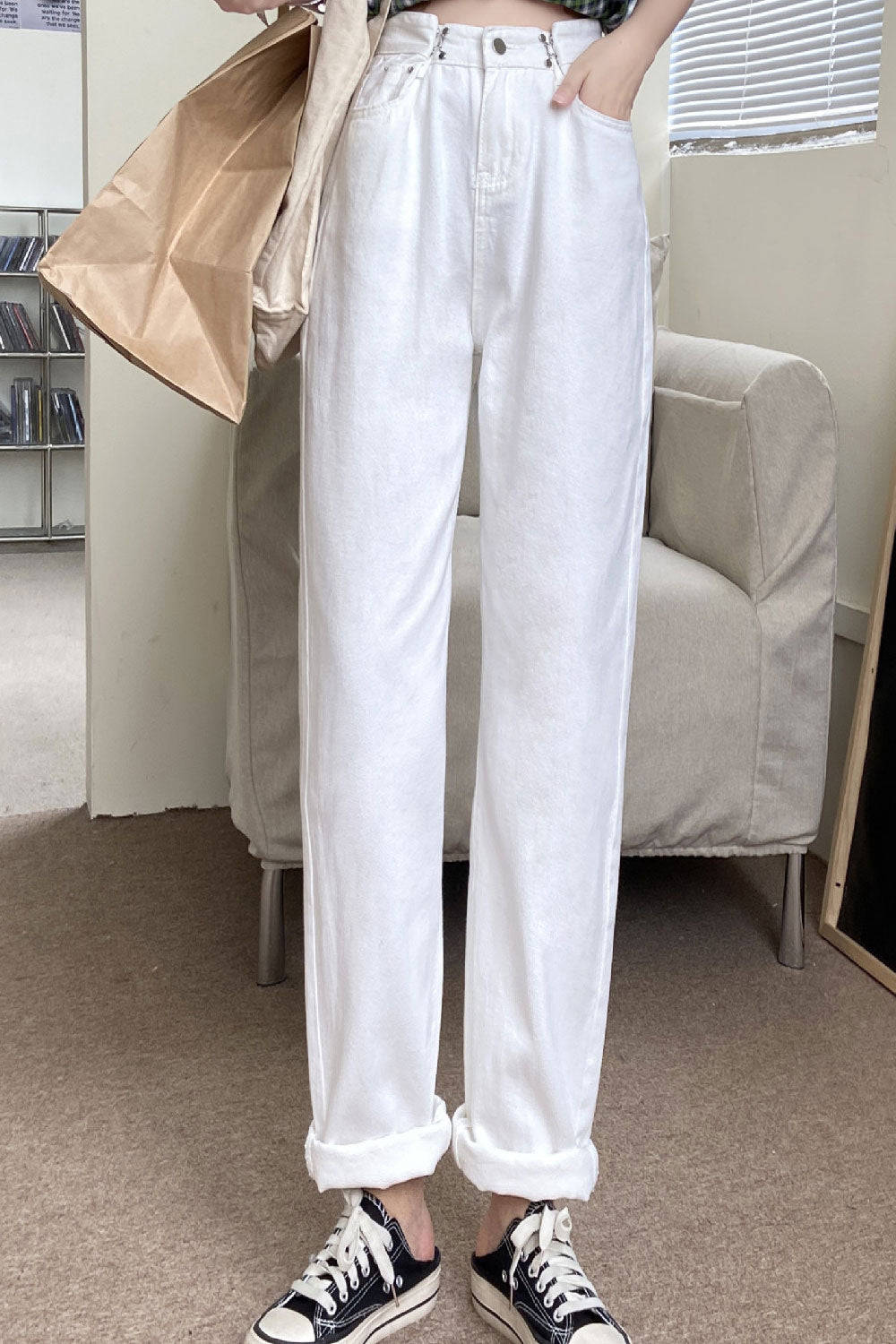 Women Comfortable Straight & Restful Wide-Legs Easy High-Waist Superb Solid Colored Jeans