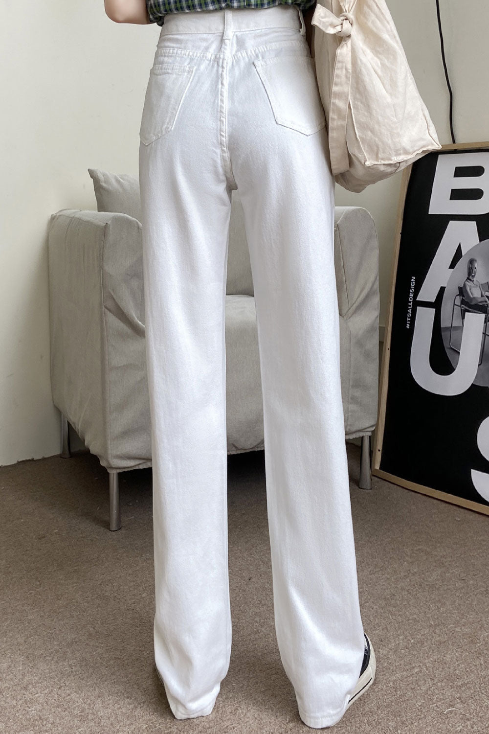 Women Comfortable Straight & Restful Wide-Legs Easy High-Waist Superb Solid Colored Jeans