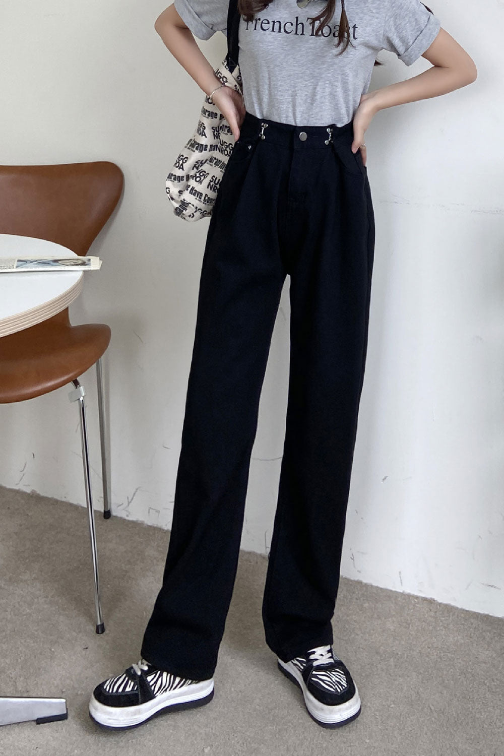Women Comfortable Straight & Restful Wide-Legs Easy High-Waist Superb Solid Colored Jeans
