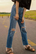 Women Restful High-Waist Iconic Solid Colored Comfortable Ripped Fashion Straight Denim Jeans