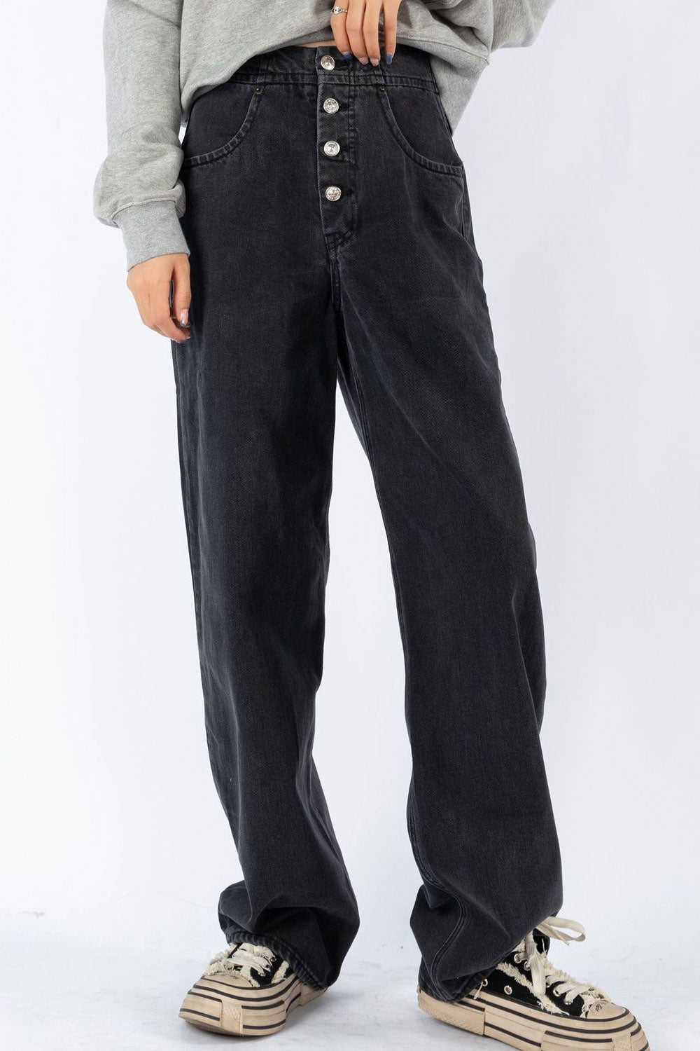 Women Trendy Button High-Waist Superb Solid Colored Thin & Durable Winter Casual Denim Jeans