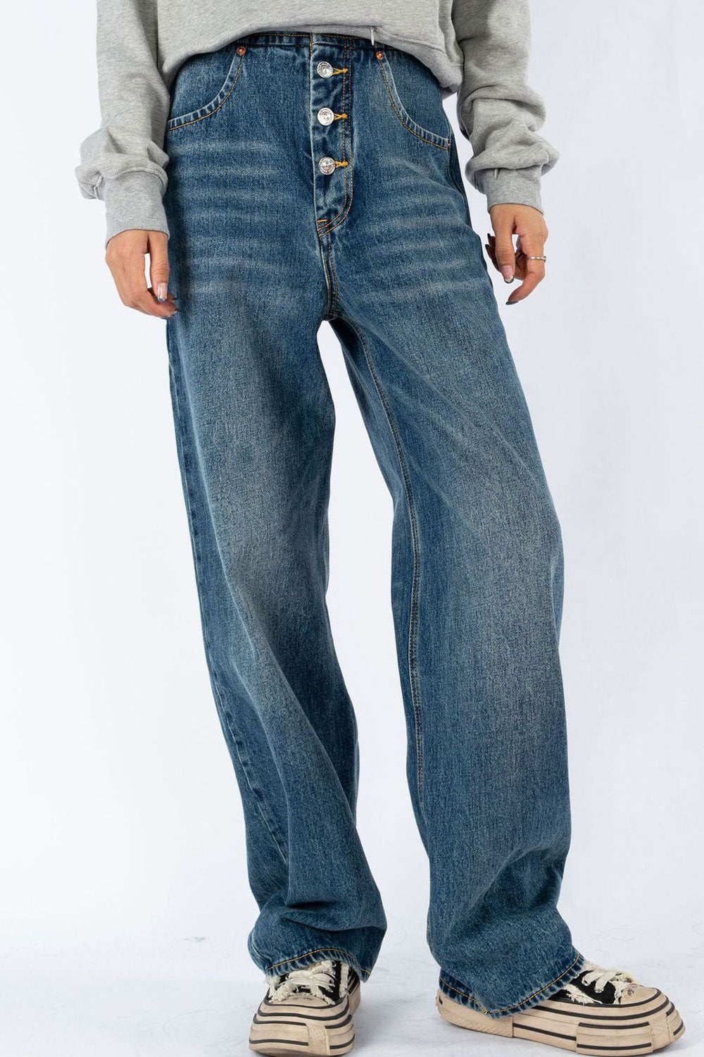 Women Trendy Button High-Waist Superb Solid Colored Thin & Durable Winter Casual Denim Jeans