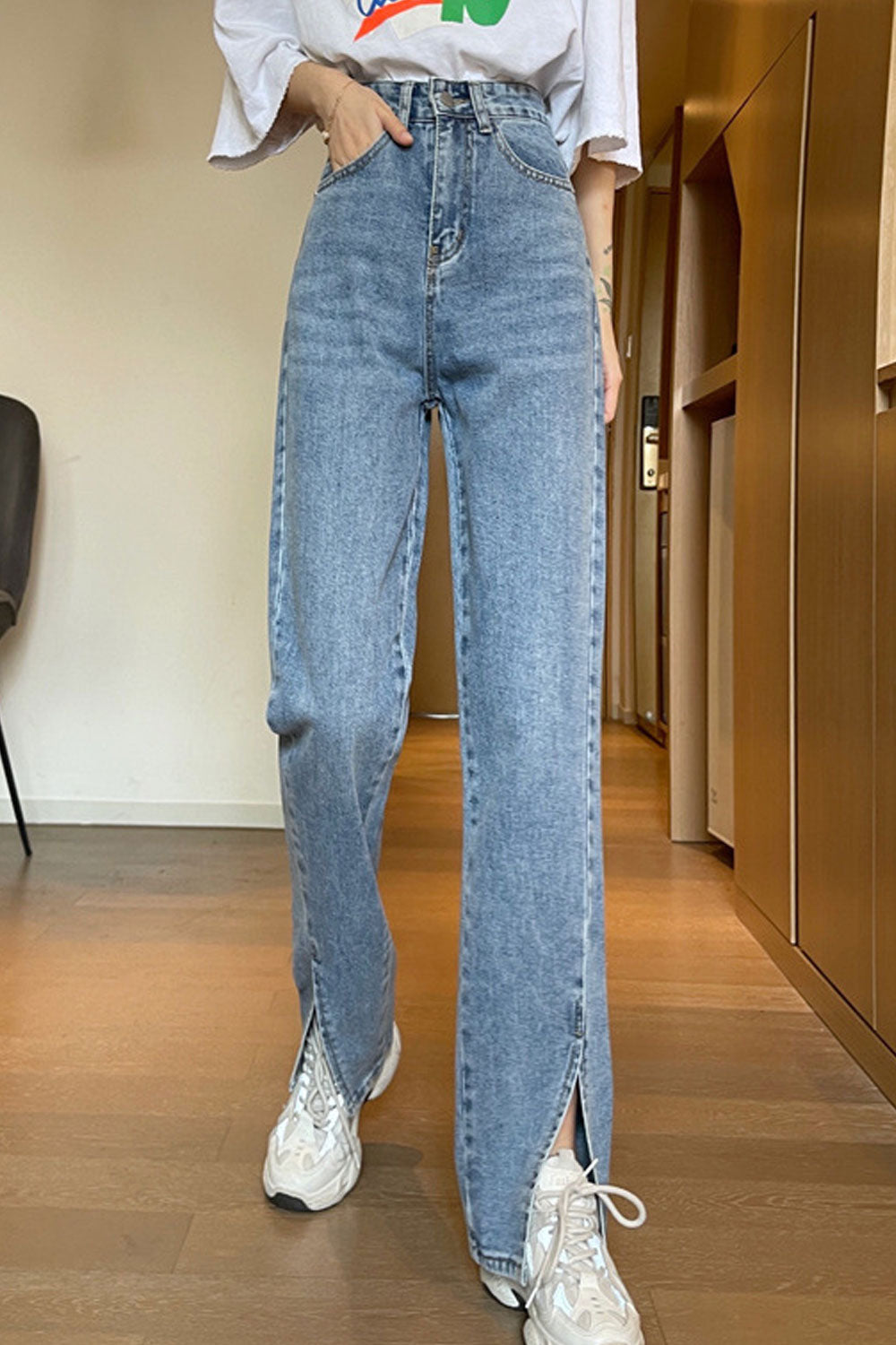 Women Fashion Straight Casual High-Waist Slit Styled Belt Loops Summer Denim Jeans