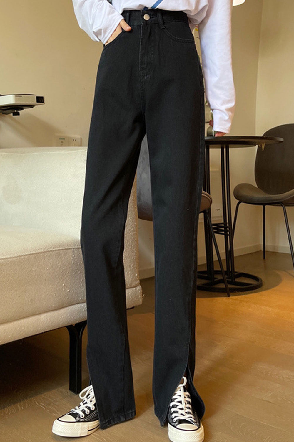 Women Fashion Straight Casual High-Waist Slit Styled Belt Loops Summer Denim Jeans