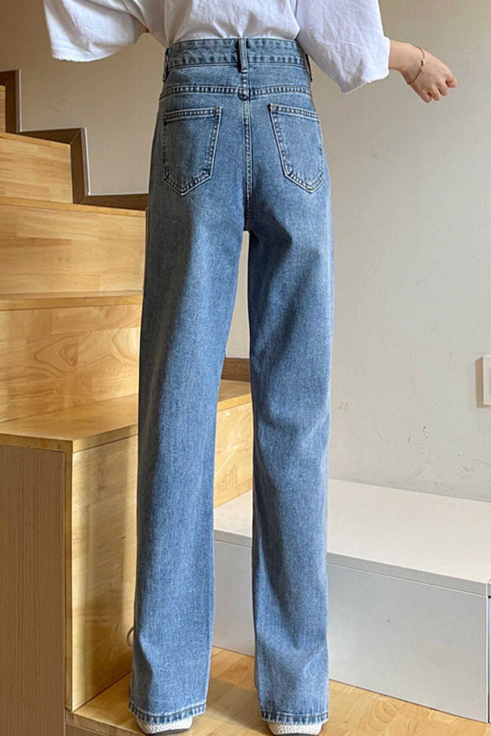 Women Fashion Straight Casual High-Waist Slit Styled Belt Loops Summer Denim Jeans