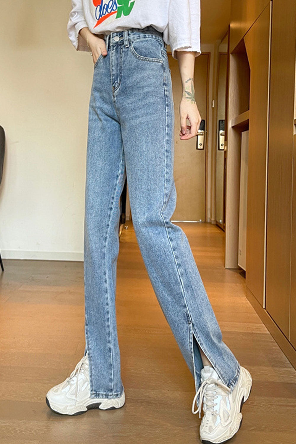 Women Fashion Straight Casual High-Waist Slit Styled Belt Loops Summer Denim Jeans