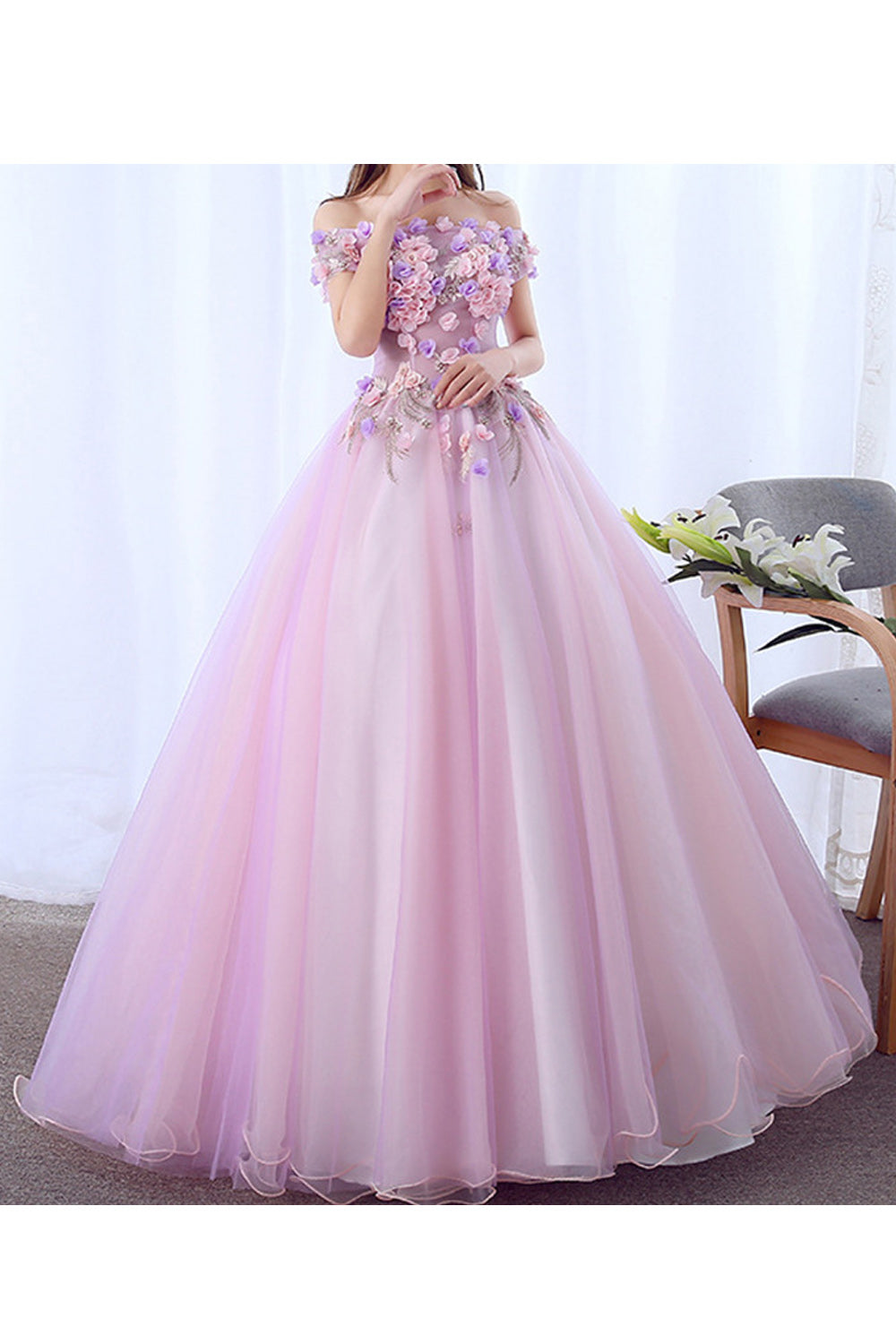 Women Beautiful Flower Decorated Bust Off-Shoulder Long Gown Skirt Wedding Dress