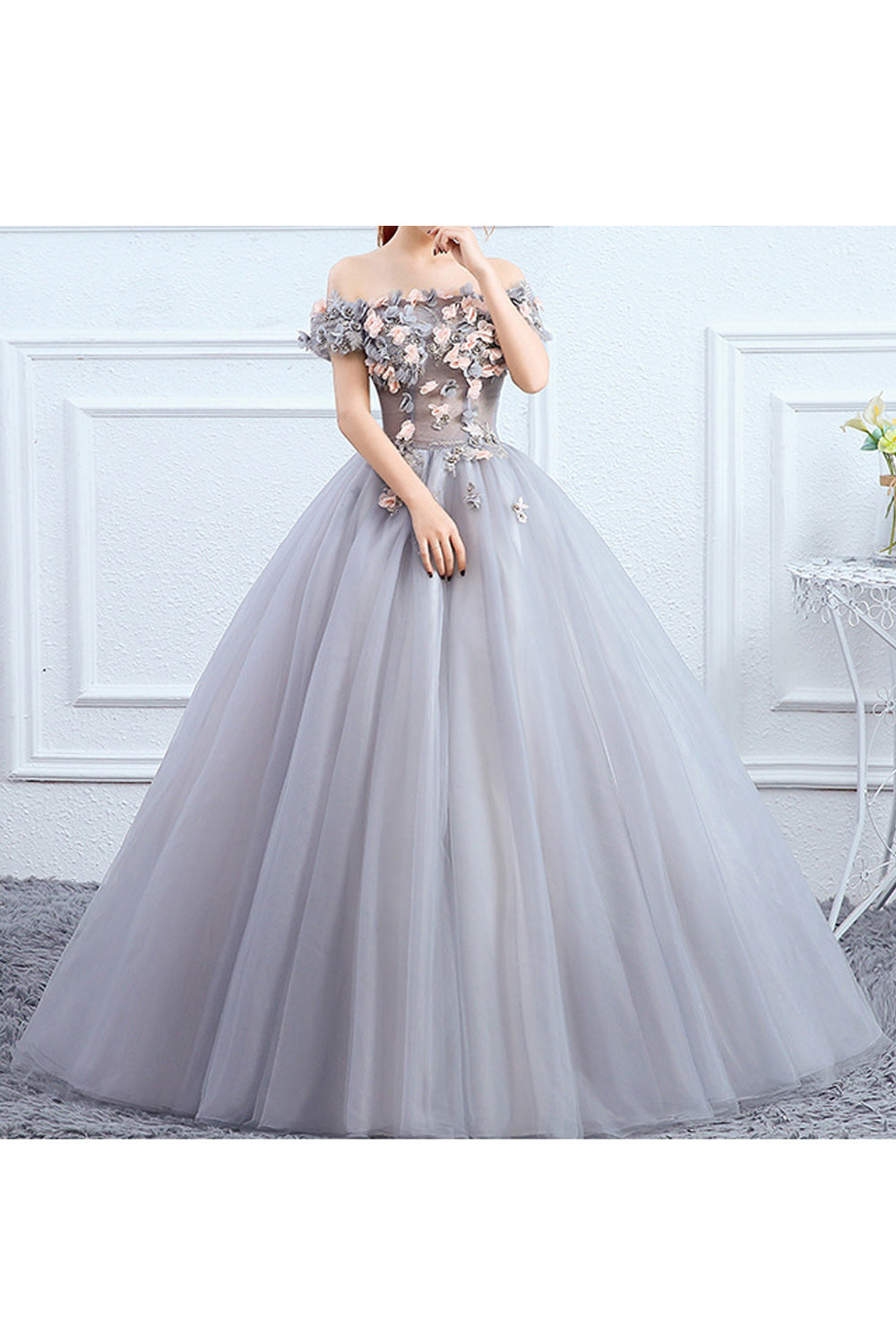 Women Beautiful Flower Decorated Bust Off-Shoulder Long Gown Skirt Wedding Dress