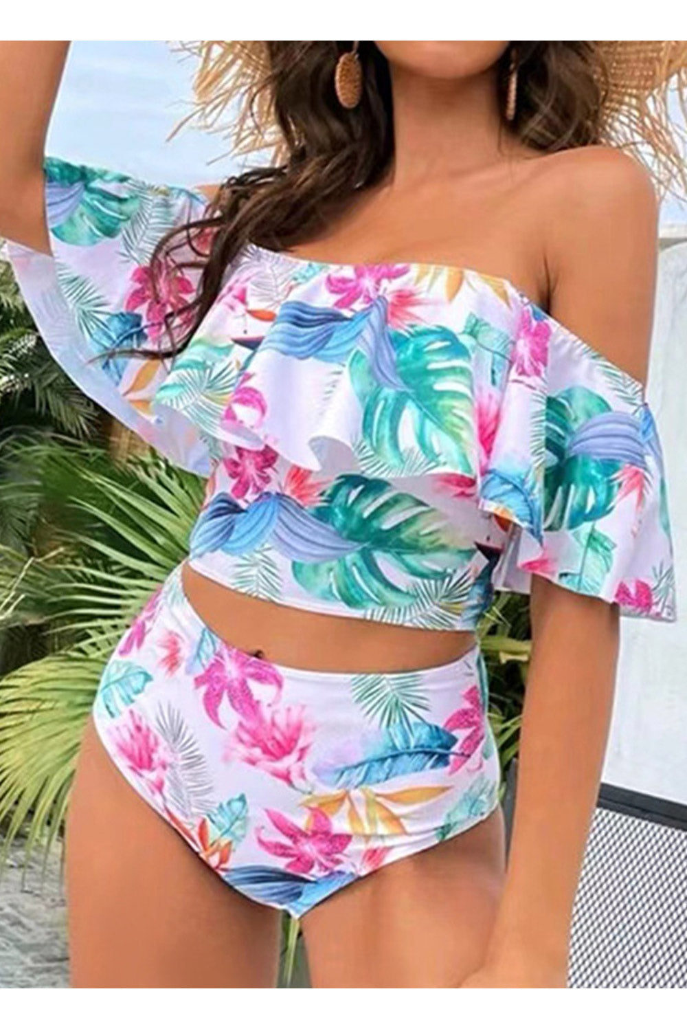 Women Floral & Tropical Flounce Bardot Off Shoulder Bikini Top Swimsuit