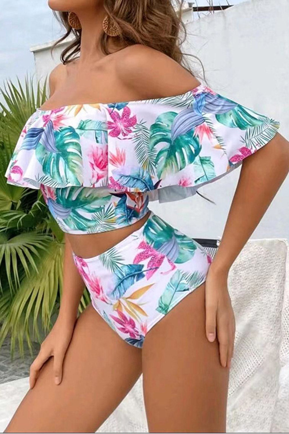 Women Floral & Tropical Flounce Bardot Off Shoulder Bikini Top Swimsuit