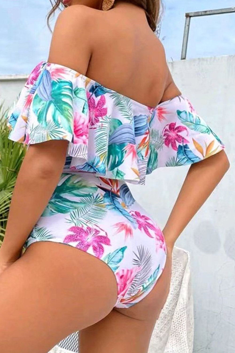 Women Floral & Tropical Flounce Bardot Off Shoulder Bikini Top Swimsuit