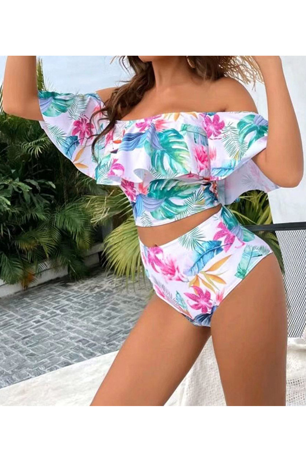 Women Floral & Tropical Flounce Bardot Off Shoulder Bikini Top Swimsuit