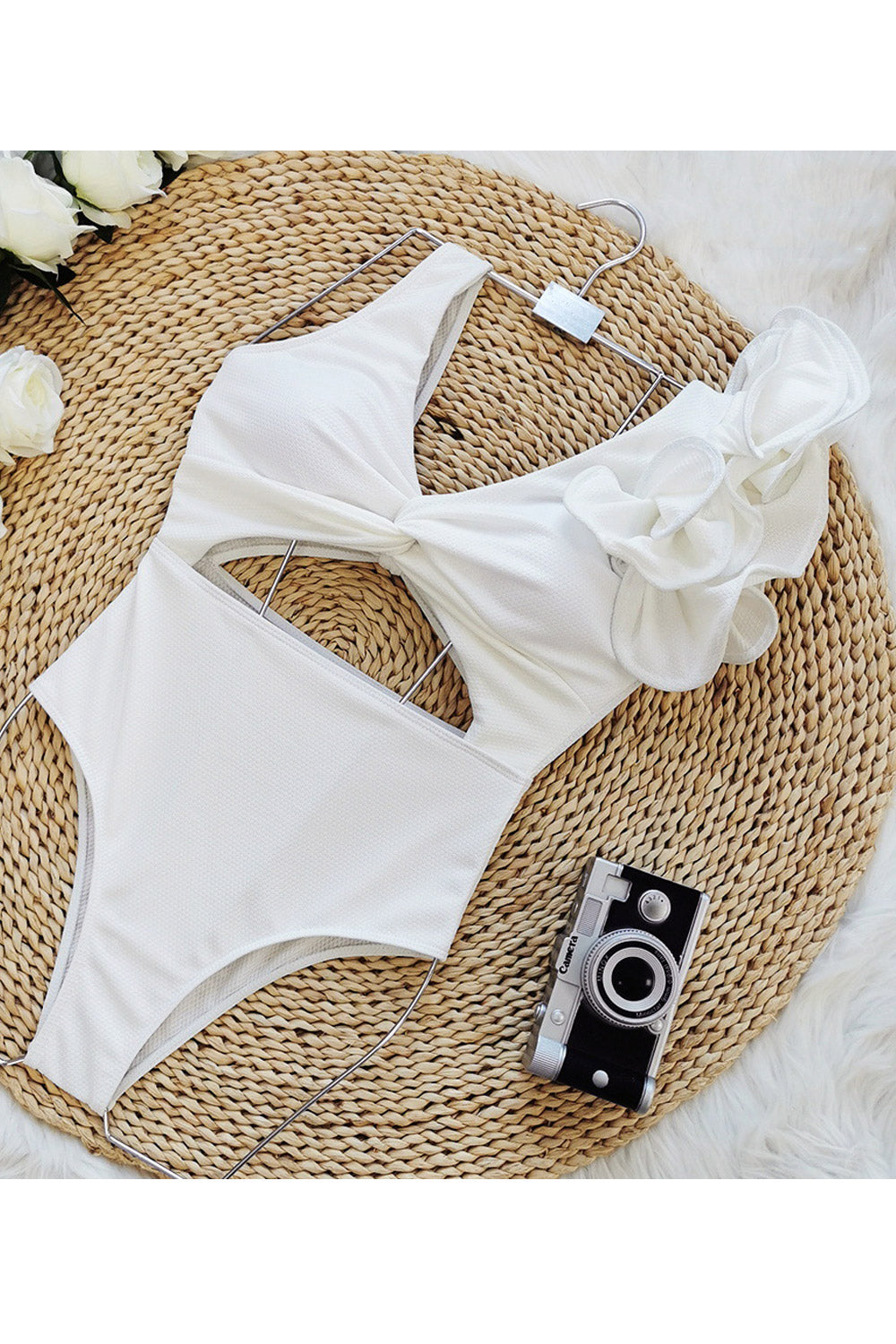Women One Shoulder Ruffle Solid White One Piece Strappy Swimwear