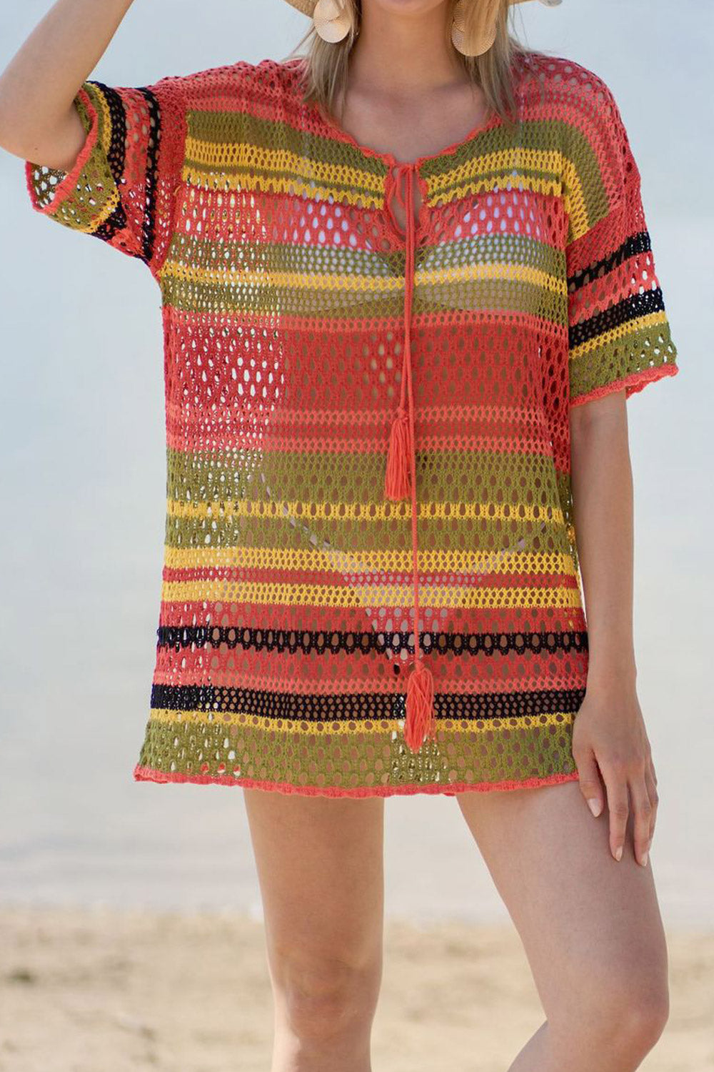 Women Bikini Cover Up Color Striped Shirt Ladies Summer Swimsuit Blouse