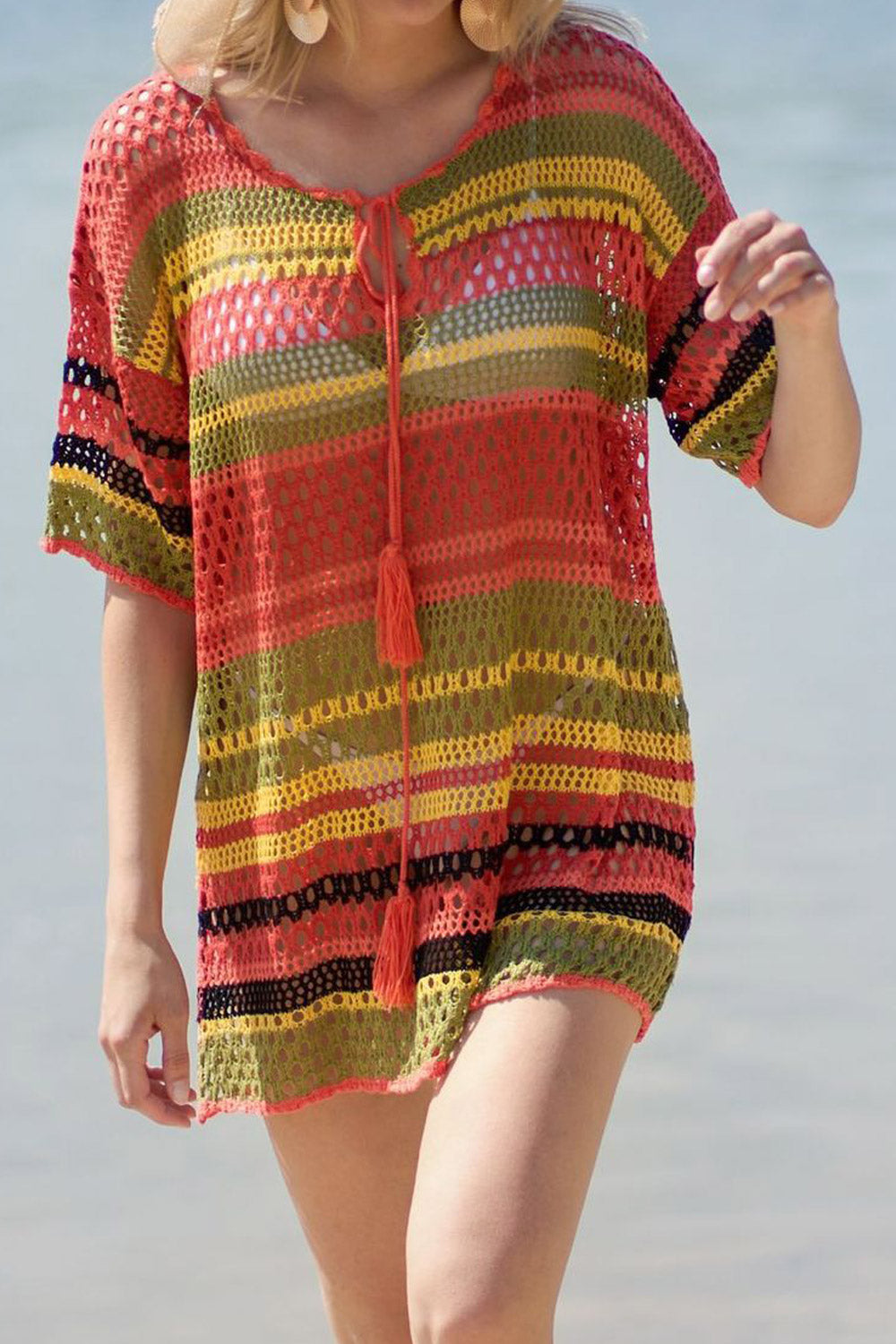 Women Bikini Cover Up Color Striped Shirt Ladies Summer Swimsuit Blouse