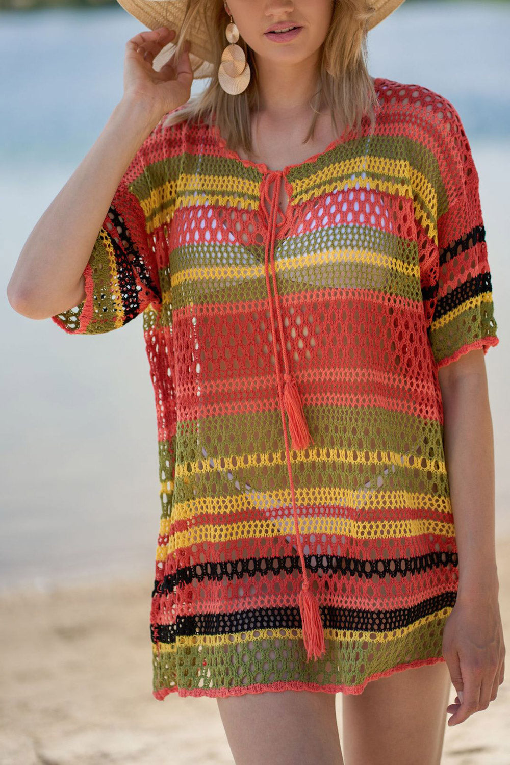 Women Bikini Cover Up Color Striped Shirt Ladies Summer Swimsuit Blouse