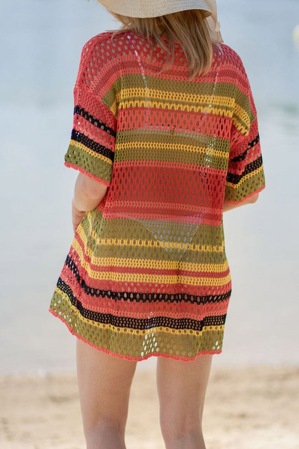 Women Bikini Cover Up Color Striped Shirt Ladies Summer Swimsuit Blouse