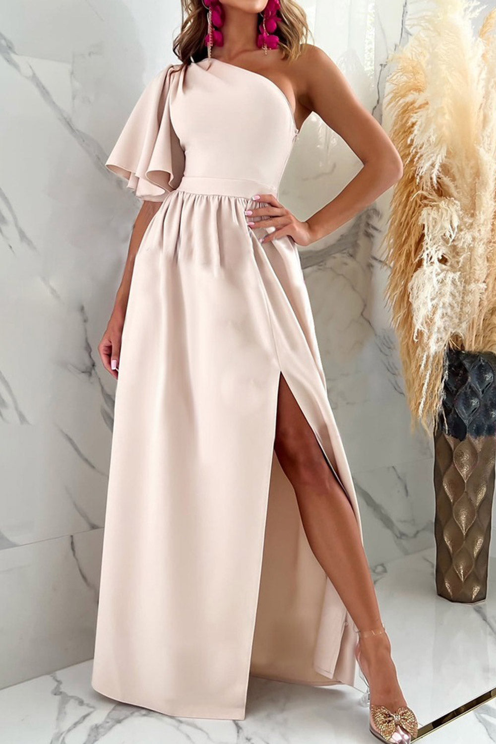 Women Solid Slant Neck Off Shoulder High Split Dress