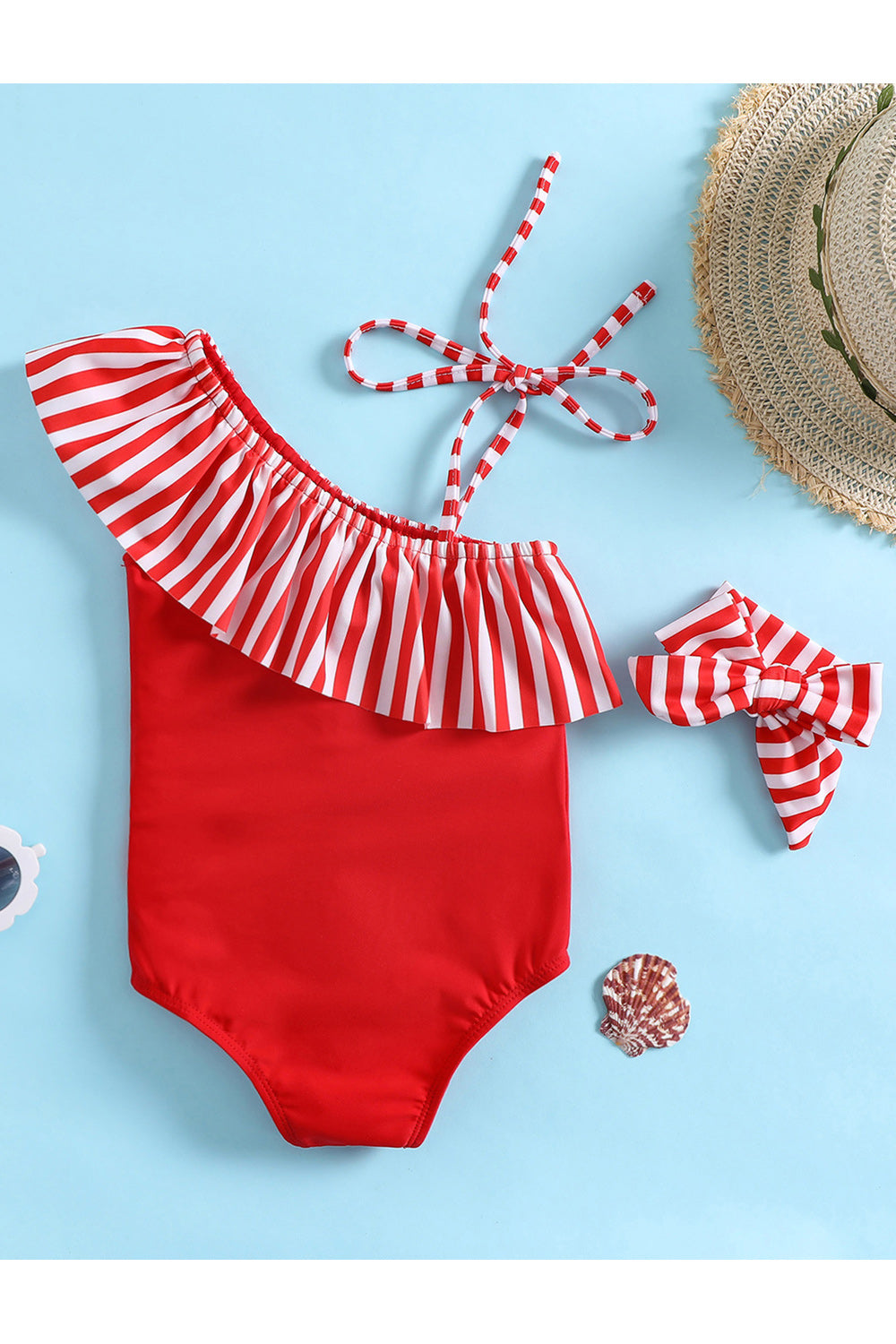 Baby Girls Patchwork Striped Hawaiian Ruffles Bikini One-Piece Swimsuit