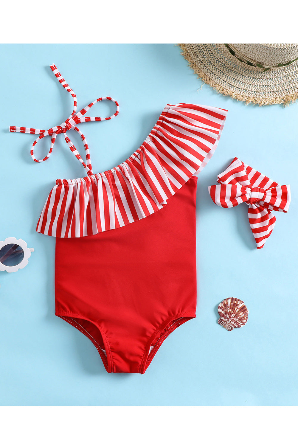 Baby Girls Patchwork Striped Hawaiian Ruffles Bikini One-Piece Swimsuit