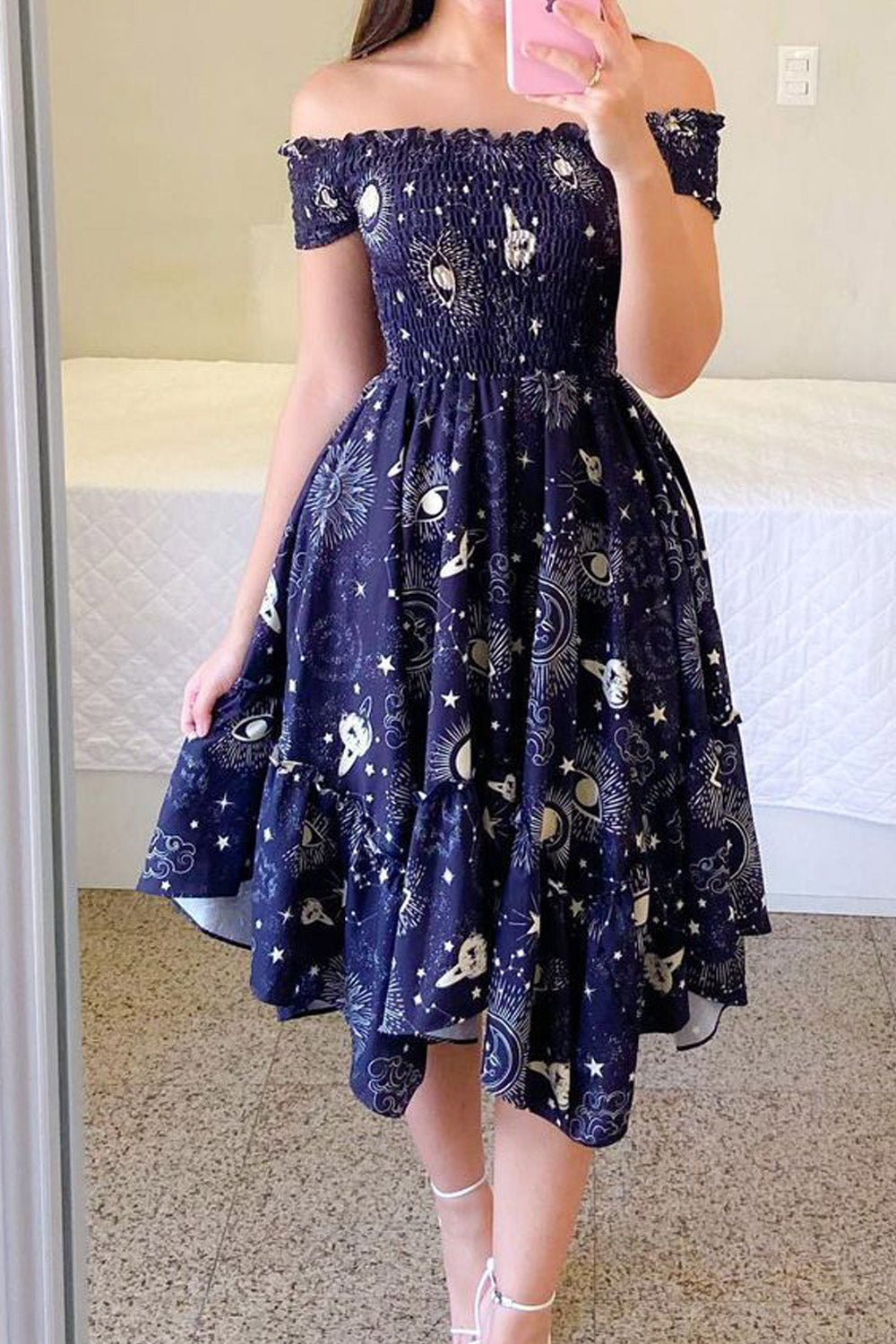 Women Fashion Off Shoulder Elegant Slash Neck Short Sleeve Flower Print Elastic Irregular Dress