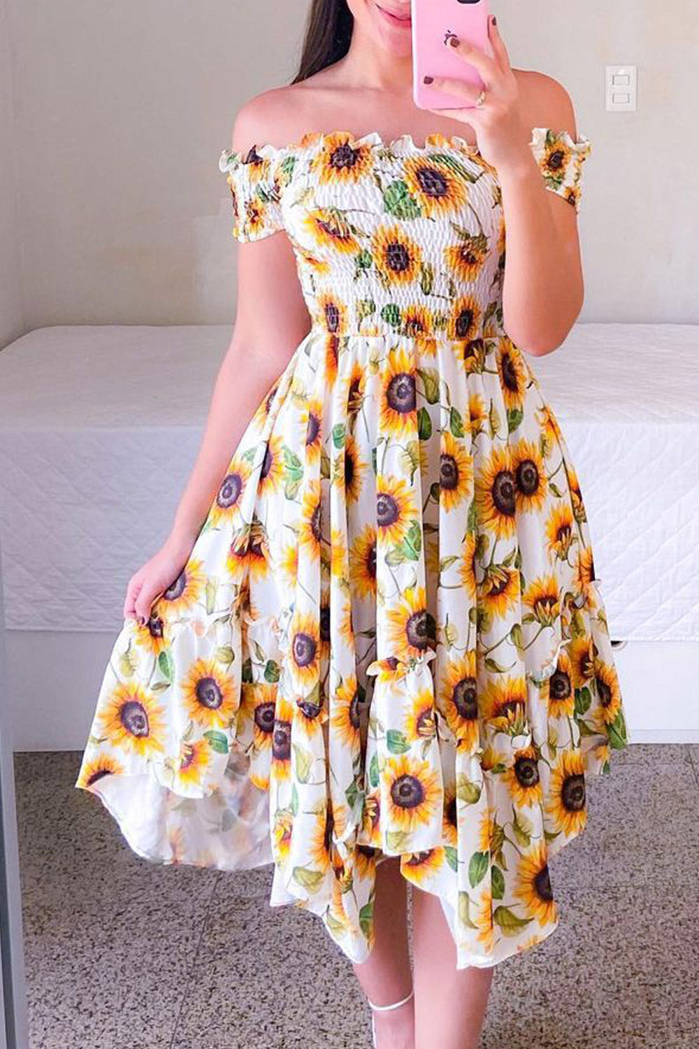 Women Fashion Off Shoulder Elegant Slash Neck Short Sleeve Flower Print Elastic Irregular Dress