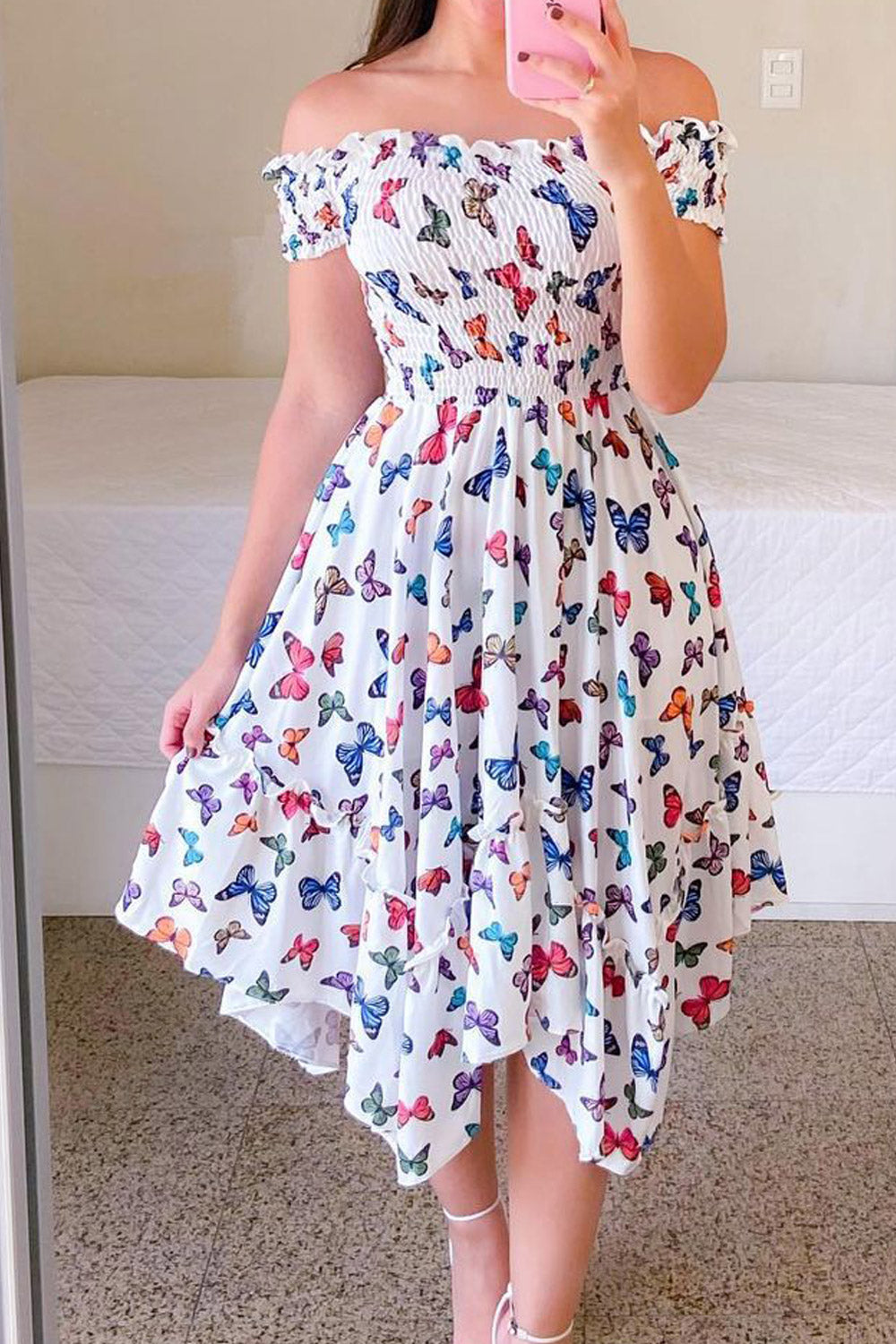 Women Fashion Off Shoulder Elegant Slash Neck Short Sleeve Flower Print Elastic Irregular Dress