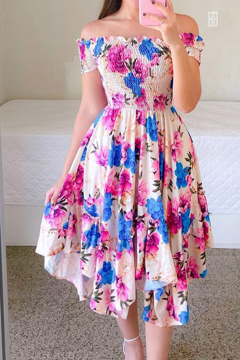Women Fashion Off Shoulder Elegant Slash Neck Short Sleeve Flower Print Elastic Irregular Dress