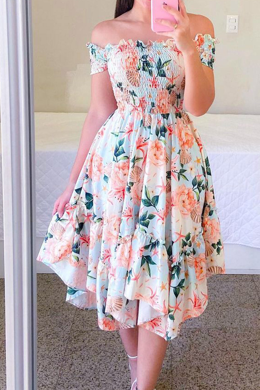 Women Fashion Off Shoulder Elegant Slash Neck Short Sleeve Flower Print Elastic Irregular Dress