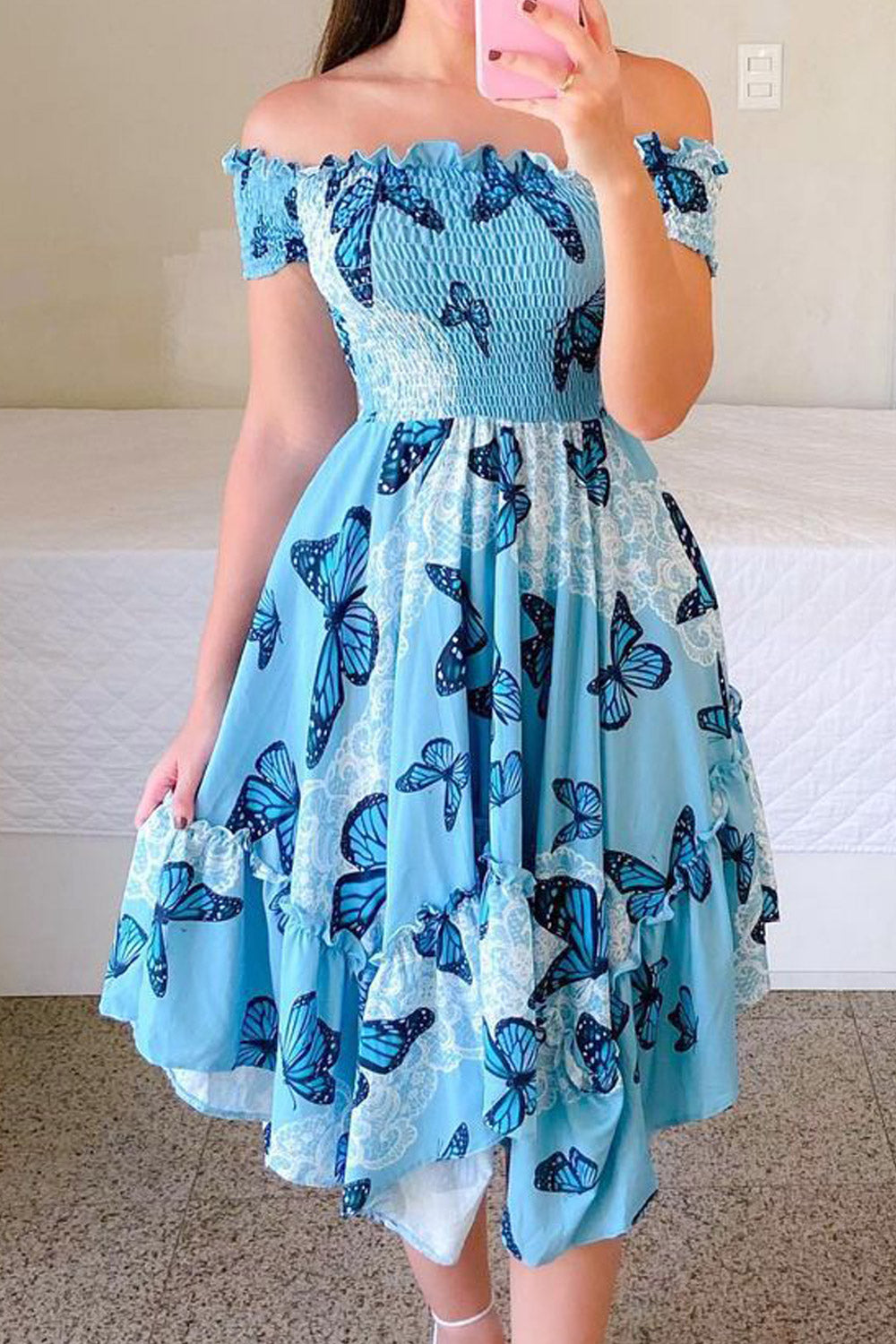 Women Fashion Off Shoulder Elegant Slash Neck Short Sleeve Flower Print Elastic Irregular Dress