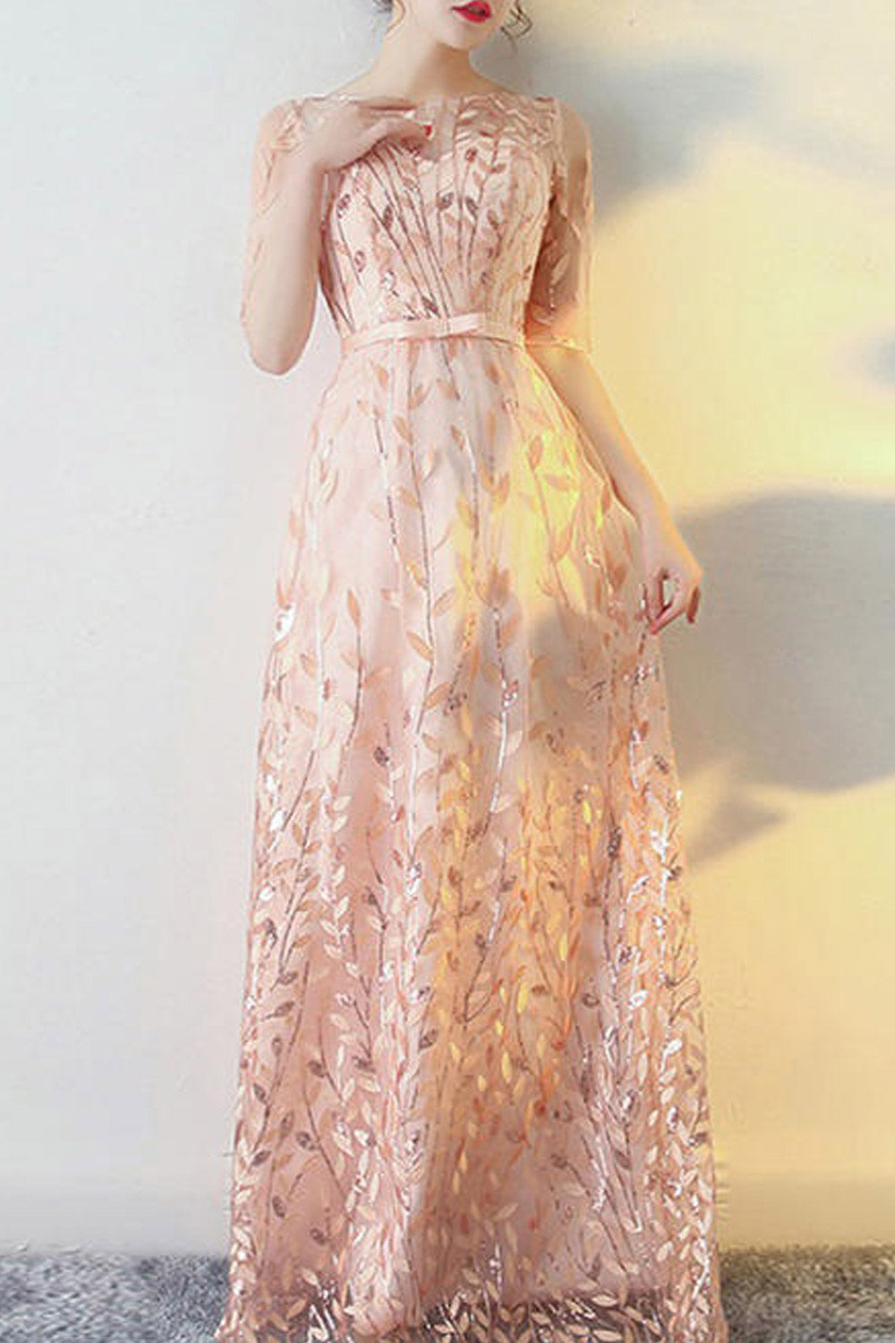 Women Lace Round Neck Long Wedding Dress