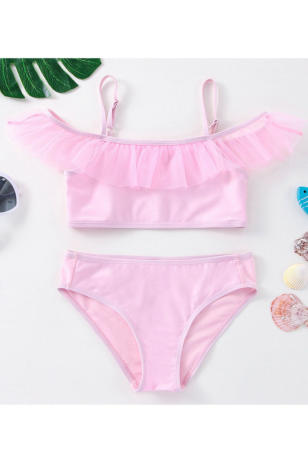 Kids Girls Ruffle Pink Lace Two Piece Beach Swimwear