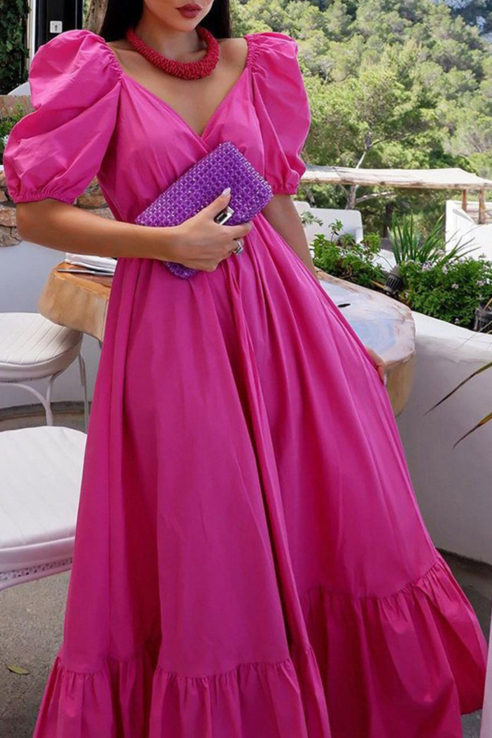 Women Deep V-neck Backless Puff Short Sleeve Party Dress