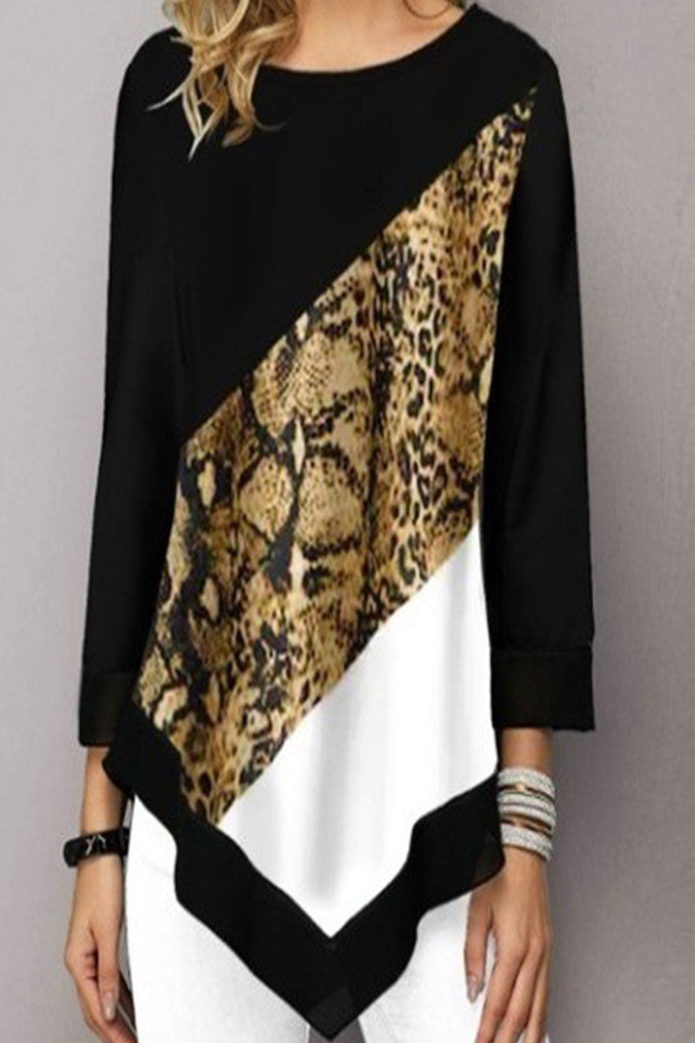 Women Stylish Leopard Printed Irregular Style Round Neck Lovely Fashionic Blouse