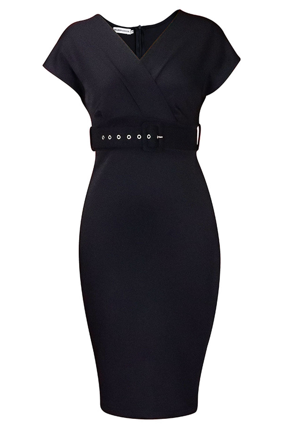Women V-Neck Long Short Slevess Solid Color With Center Belt Bodycone Dress