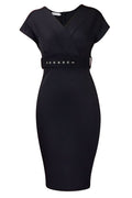 Women V-Neck Long Short Slevess Solid Color With Center Belt Bodycone Dress
