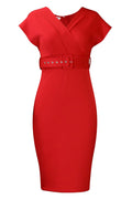 Women V-Neck Long Short Slevess Solid Color With Center Belt Bodycone Dress