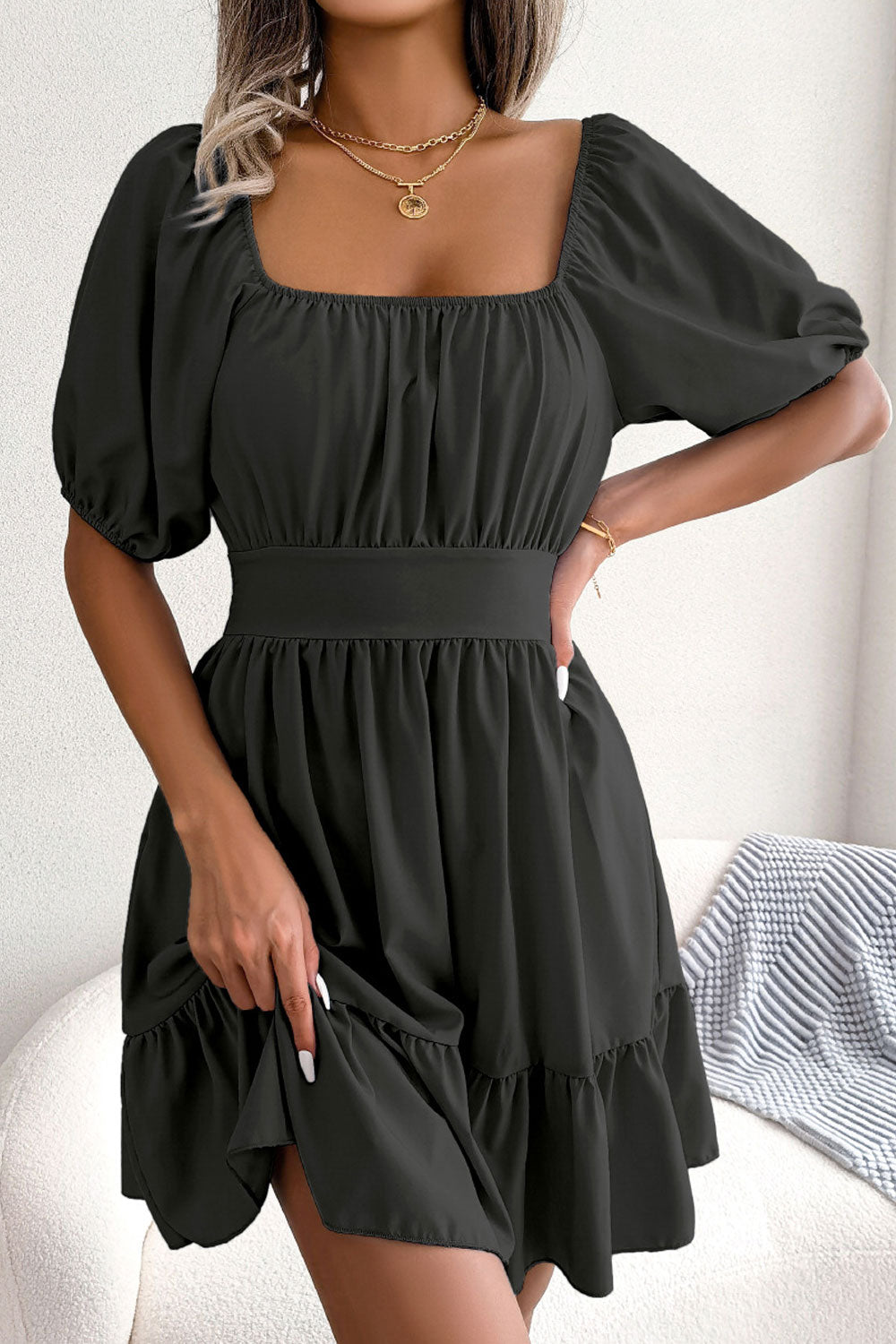 Women's Square Collar Open Back Tie with Ruffles Swing Dress