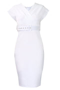 Women V-Neck Long Short Slevess Solid Color With Center Belt Bodycone Dress