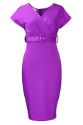Women V-Neck Long Short Slevess Solid Color With Center Belt Bodycone Dress