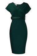 Women V-Neck Long Short Slevess Solid Color With Center Belt Bodycone Dress
