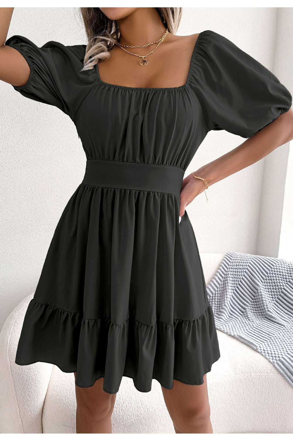 Women's Square Collar Open Back Tie with Ruffles Swing Dress