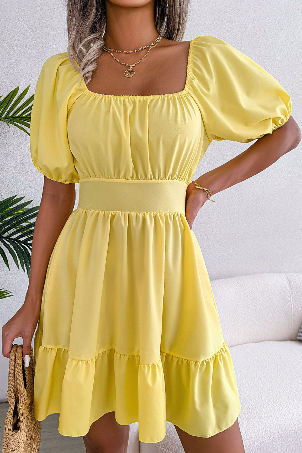 Women's Square Collar Open Back Tie with Ruffles Swing Dress