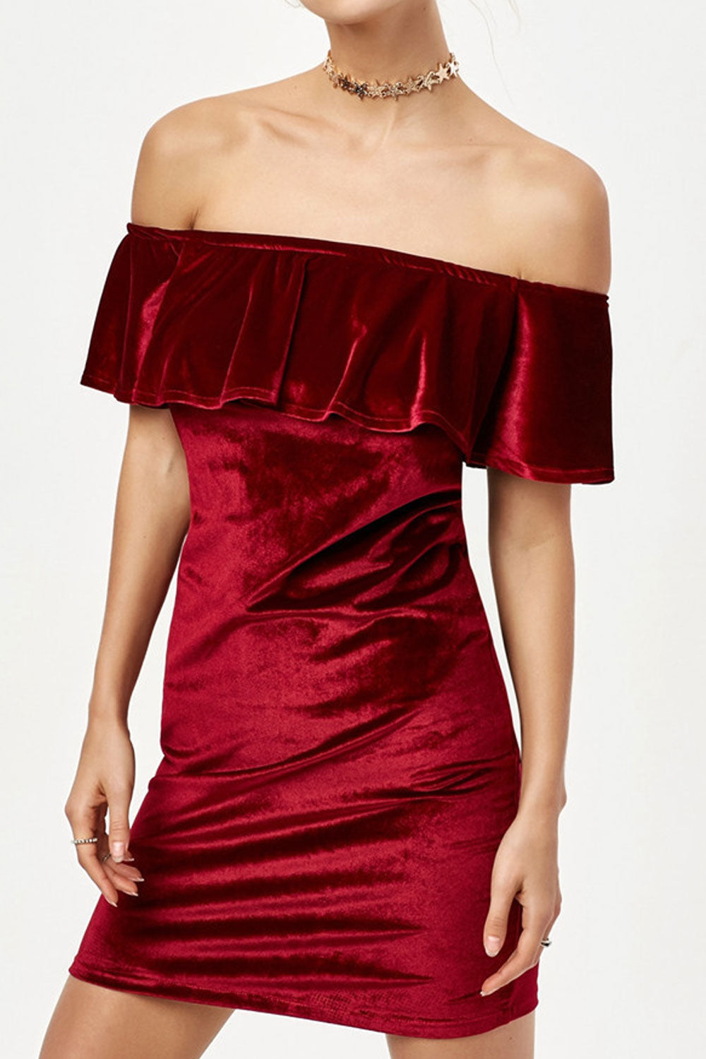 Women's Off Shoulder Velvet Ruffled Style Slim Dress